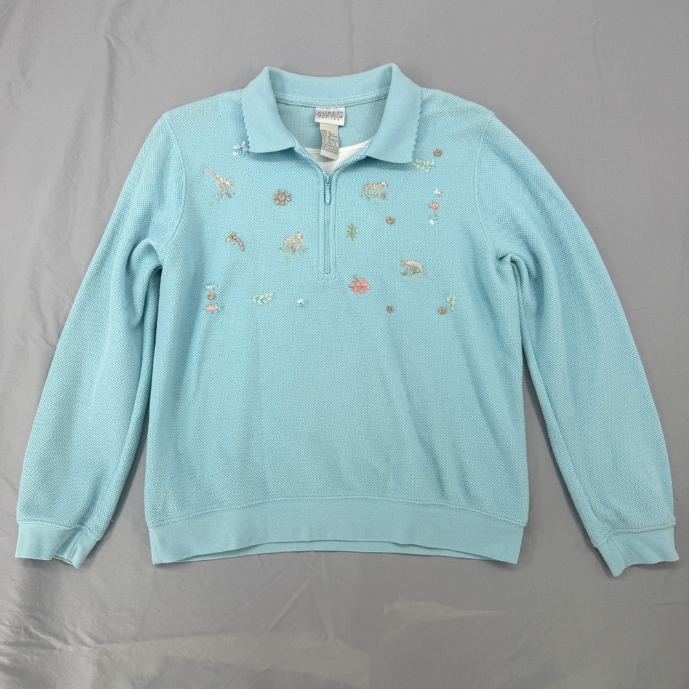 Vtg‎ Koret Francisca Petites Blue Safari Embroidered Pullover Sweater M